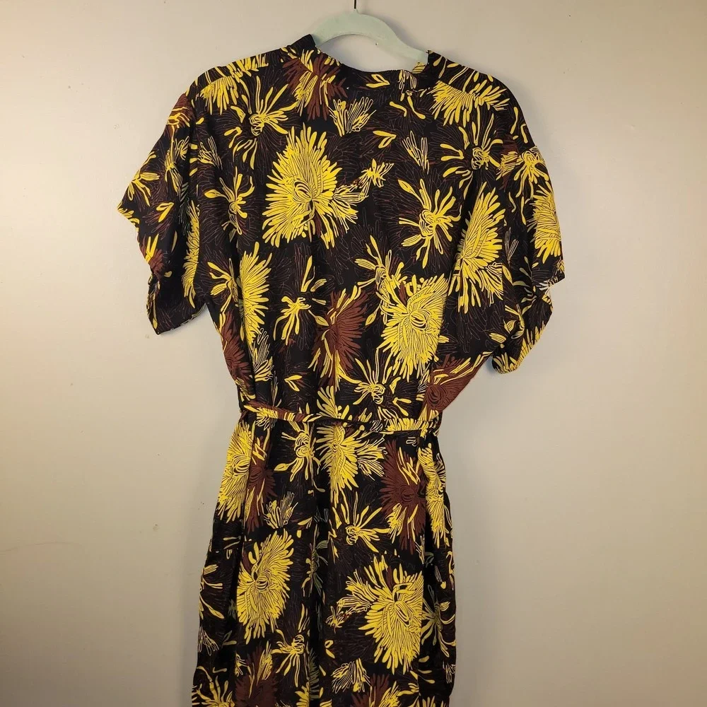 TAMSY Floral Midi Dress One Size Black Yellow‎ Brown Boho Tie Waist NWT